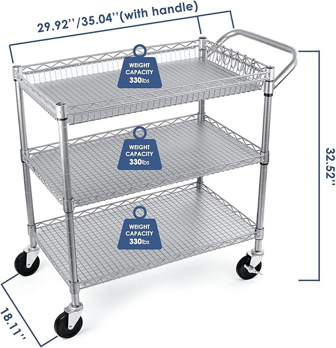 WDT Heavy Duty 3 Tier Utility Cart,990Lbs Capacity Wire Rolling Cart with Wheels, Commercial Grade Service Cart with Shelving Liners and Handle Bar Metal Carts for Kitchen Office Hardware, NSF Listed