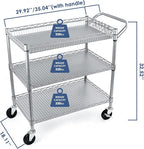 WDT Heavy Duty 3 Tier Utility Cart,990Lbs Capacity Wire Rolling Cart with Wheels, Commercial Grade Service Cart with Shelving Liners and Handle Bar Metal Carts for Kitchen Office Hardware, NSF Listed