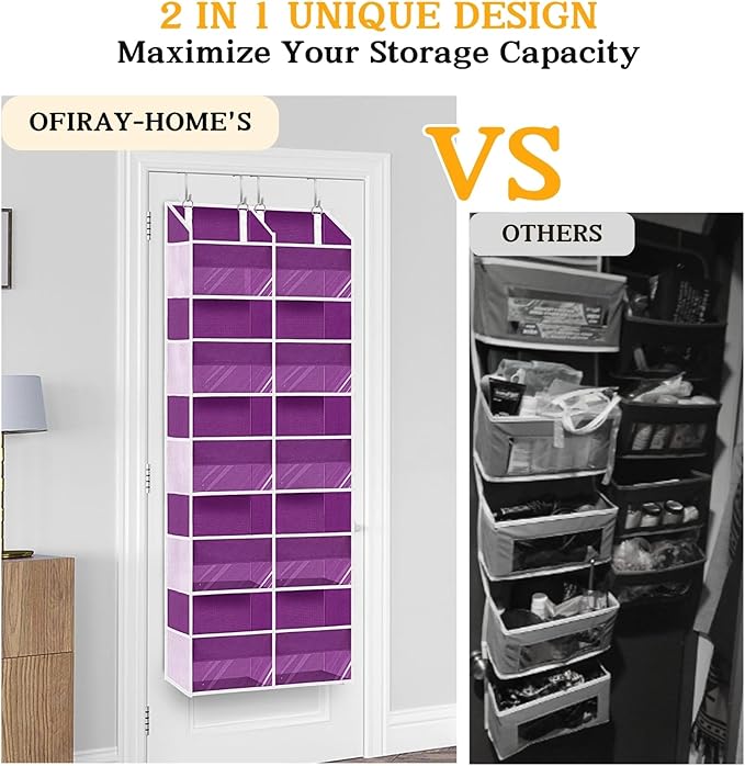 Over The Door Organizer 5 Tiers, Extra Large Behind Door Storage of 10 Compartments, 80 lbs Weight Capacity Hanging Storage Organizer with Clear Window Kids Toys,Shoes,Diapers,Room Storage,Purple