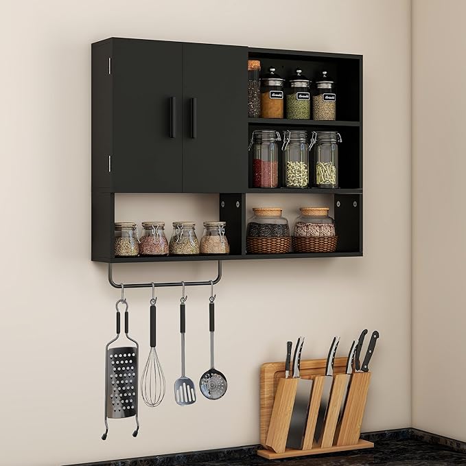 Wooden Bathroom Organizers, Over The Toilet Storage Cabinet with 2 Doors, Adjustable Shelves & Towel Bar, Wall Mounted Medicine Cabinet for Kitchen & Laundry, Black