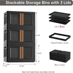 HAIXIN Storage Bins with 3 Lids - 19 Gal Stackable Organizer Box with Dual Opening Door Collapsible Closet Organization Plastic Black Storage Cabinet for Garage Laundry Room Camping, 3 Pack