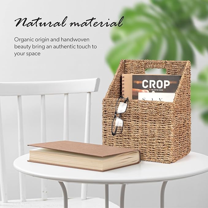 Wicker Hanging Storage Baskets (10.5"Lx6.5"Wx13"H), Set of 2 Wall Basket, Seagrass Basket, Wall Decor Baskets, Seagrass Woven Hanging for Organizing Files, Mails, Books, Accessories