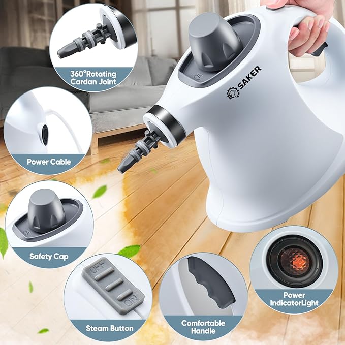 Saker Handheld Steam Cleaner,Portable Steam Cleaner for Home,Powerful 1050W Steam Cleaner Set,Includes 9 Attachments for Quick Heating & Deep Cleaning of Floors, Cars, and Kitchen(5 Fiber Cloths)