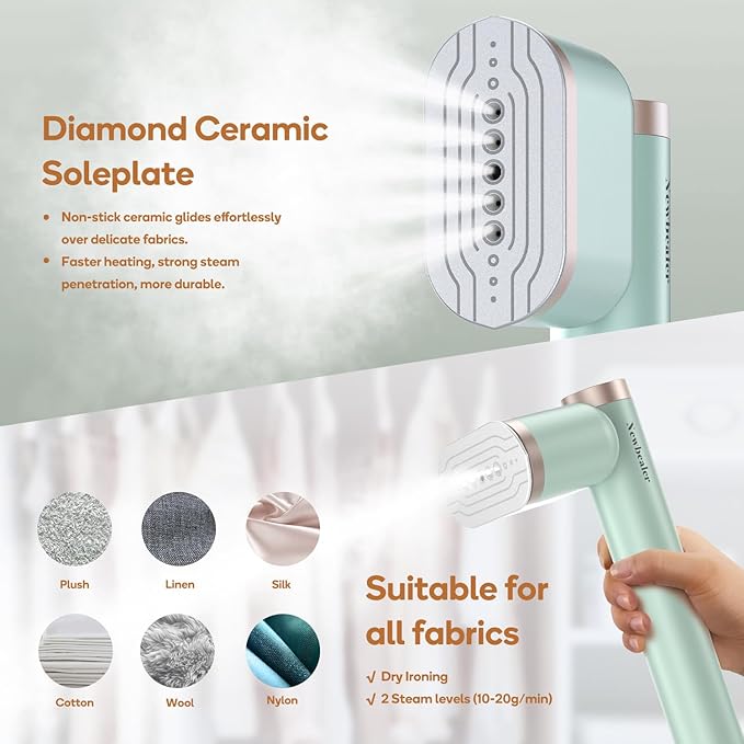 Newbealer Steamer for Clothes, 1200W Portable Steam Iron, 2 Steam Levels, Horizontal and Vertical Steaming, Dry Ironing, 15s Heat Up, Rotatable, 302°F Garment Wrinkle Remover, Green (120V Only)