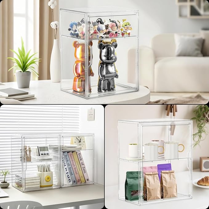 Large Clear Acrylic Display Case Shoe Storage Boxes With An Adjustable Divider,2 Pack 2 Tiers Clear Plastic Stackable Storage Bins With Lids Display Acrylic Box With Magnetic Door