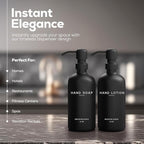 Black Glass Soap and Lotion Dispenser Set by Brighter Barns - Hand Soap Dispenser Bathroom Set - Bathroom Decor & Accessories for Restaurant, Gym, Office, Fitness Center, Hotel, Airbnb, Spa (Black)