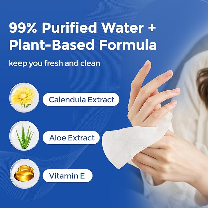 MATERN'ELLA Adult Wet Wipes, Cleansing Wash Cloths for Elderly Care, 99% Pure Water for Incontinence, Personal Bath, Alcohol-Free, 8 Flip-Top Packs(640 Wipes Total)