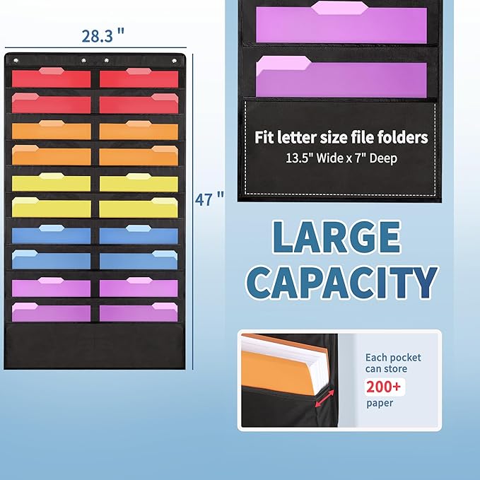 Annecy 20 Pockets Hanging Wall File Organizer, Black Storage Pocket Chart for File Folder and Paper, Space Saver for Office and Classroom, with Wall Hangers, Over The Door Hooks, Labels