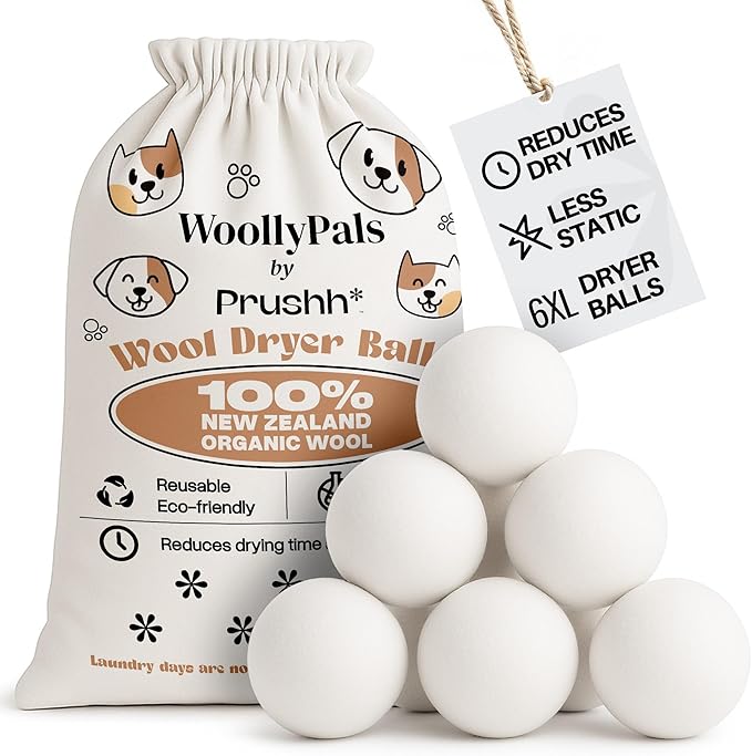 WoollyPals Dryer Balls (6-Pack, XL Size) - 100% New Zealand Wool - No More Dryer Sheets - Eco Dryer Balls - Reusable - Softens Laundry - Reduces Drying Time & Static - with Storage Bag (Plain White)