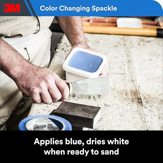 3M High Strength Spackling Compound 12 oz. and Putty Knife, Color Changing, Applies Blue, Dries White, Ideal for Use on Drywall, Plaster, Stoccu and Wood, Easy Interior and Exterior Repairs (CC-SIOC)