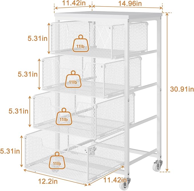 4-Tier Kitchen Storage Cart - Fruit Vegetable Storage Cart with Drawers, Wooden Top Metal Wire Kitchen Organizer and Storage Cart with Wheels to Storage Onions Potatoes Cans Snacks for Kitchen
