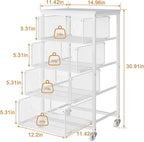 4-Tier Kitchen Storage Cart - Fruit Vegetable Storage Cart with Drawers, Wooden Top Metal Wire Kitchen Organizer and Storage Cart with Wheels to Storage Onions Potatoes Cans Snacks for Kitchen
