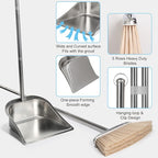 VOOWO Broom and Dustpan Set for Home, Stainless Steel Broom and Dustpan Set with Long Handle, Heavy Duty Dustpan Broom Set Standing Dust Pan Kitchen and Home Indoor Outdoor Broom