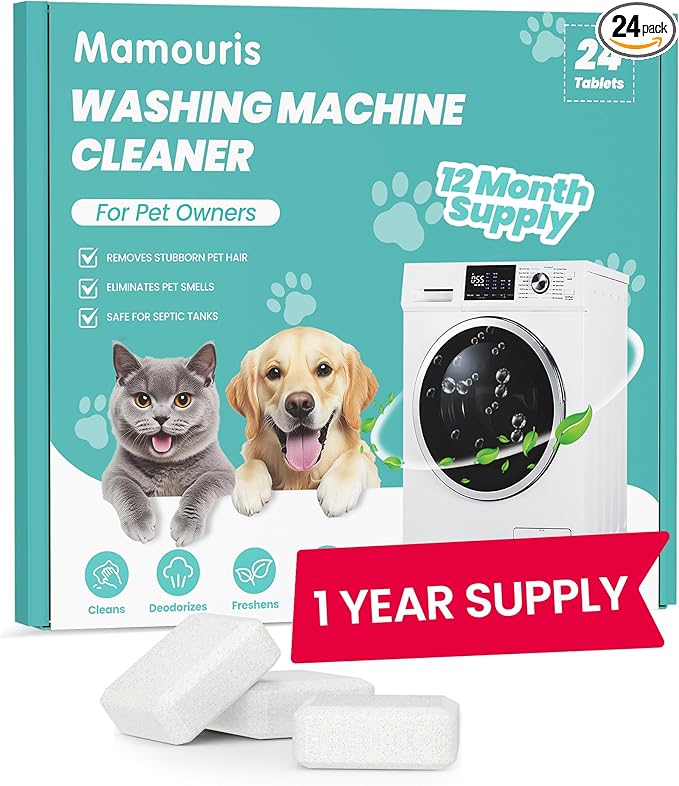 Washing Machine Cleaner Tablets: 24 Pack Deep Cleaning For HE, Front Loader & Top Load Washer, Removes Pet Hair, Odors, Formulated for Pet Owners, Septic Safe, 12 Month Supply, 13G