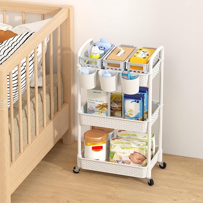 MOYIPIN 3-Tier Plastic Rolling Utility Cart with Handle,Utility Storage Cart for Office, Living Room, Kitchen,Movable Storage Organizer Shelves,White with 4 Hanging Cups