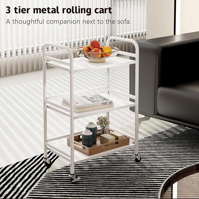 HDANI 3 Tier Rolling Cart Shelves,Heavy Duty Multifunctional Metal Frame-Supports 22 Lbs Per Tier,Rolling Cart with 2 Lockable Wheels for Home, Office,Kitchen,Bathroom,Bedroom(White)…