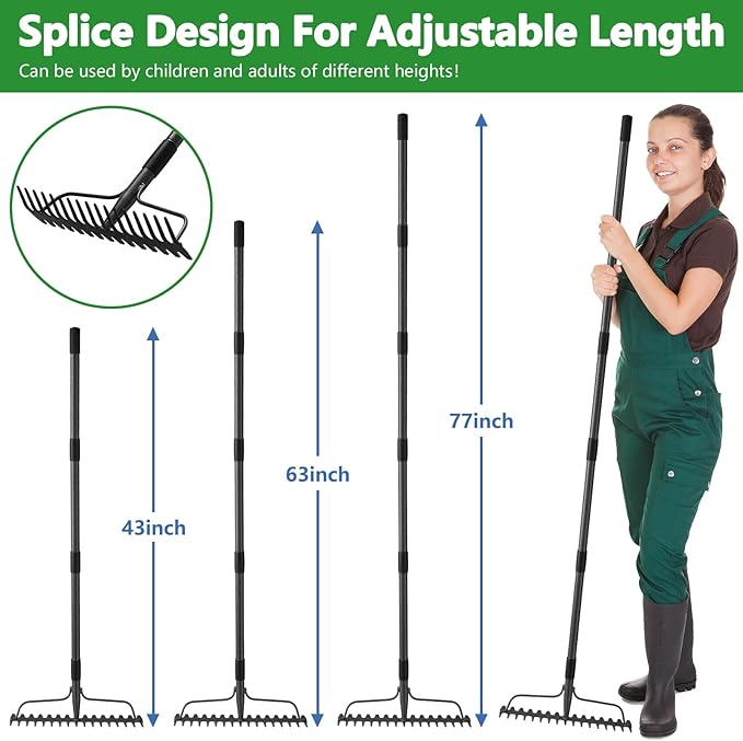 63 inch Bow Rake,2-in-1 17 Tooth Rake for Leaves Portable and Adjustable for Gardening Leaves Loosening Soil Leveling Lawn Farming Land Management Yard