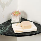 Koville Natural Marble Soap Dish for Bathroom Shower, White Gold Marble Soap Tray for Bathroom, Stone Soap Tray for Sink, Stripe Grooves Soap Saver Keep Soap Bars Dry Easy Clean