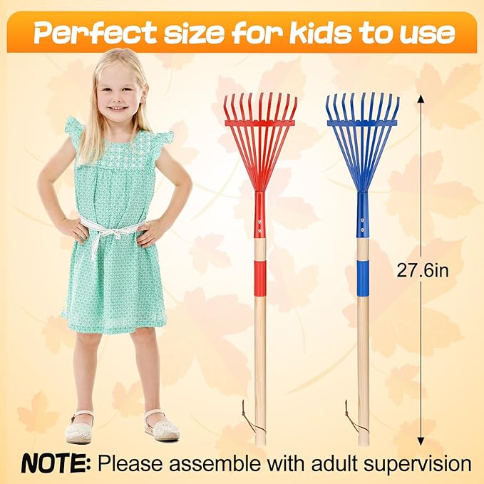 Kids Friendly Rakes for Leaves - 28" Child Size Small Rake with Durable Metal Head & Hardwood Handle, Real Lawn Garden Yard Tools for 3+ Years Kids Enjoy Helping Work Gifts, 2 Pcs