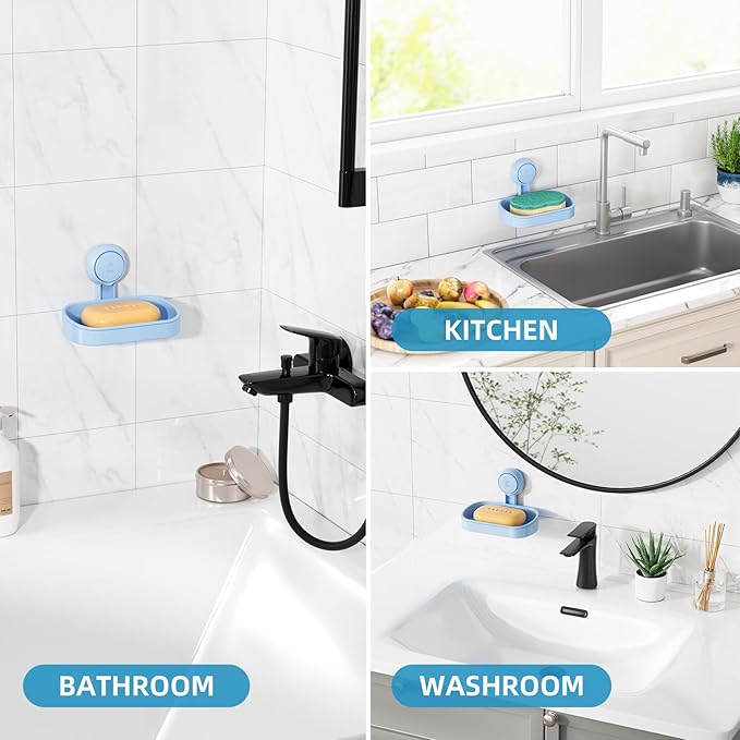 LEVERLOC Soap Dish Holder for Shower Suction Cup Wall Mounted Self Draining NO-Drilling Removable Bar Soap Sponge Holder for Bathroom Bathtub Kitchen Sink Waterproof Strong Vacuum Suction, Blue