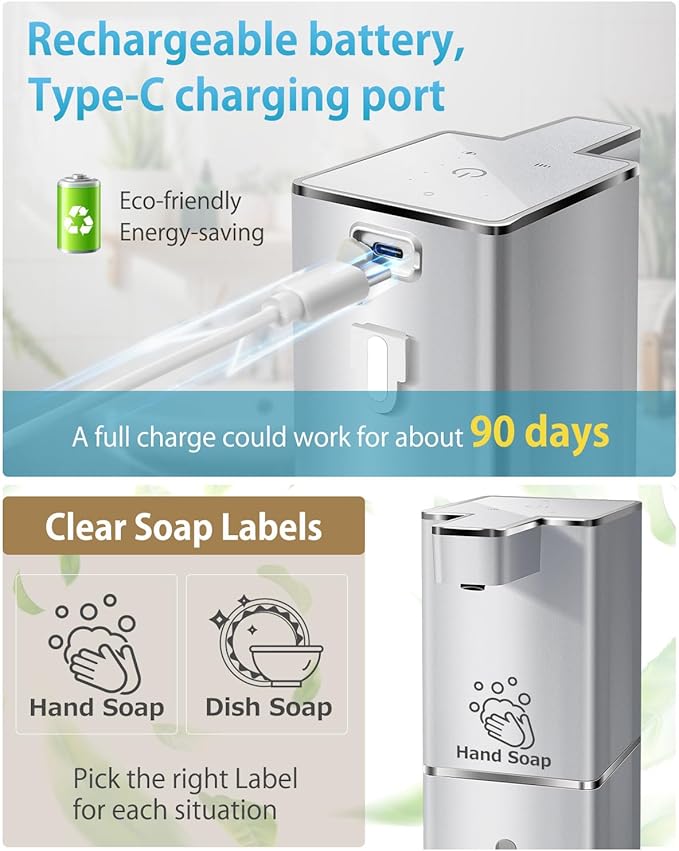 Automatic Foaming Soap Dispenser Touchless 380ml/12.8oz Rechargeable Hand Soap Dispenser Wall Mounted 4 Levels Adjustable Foam Soap Pump for Bathroom Kitchen Dish Soap