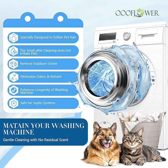 24PC Washing Machine Cleaner Tablets, Formulated for Pet Owners, Pet Hair Remover, Deodorizer, Work with Top & Front Load, HE, Deep Cleaning Descaler, Removes Residue and Odors, Septic Safe