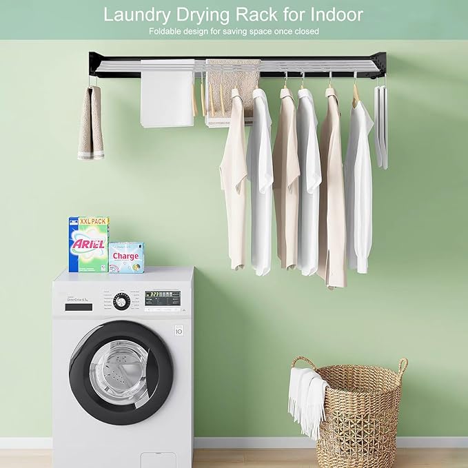 Wall Mounted Laundry Rack, Collapsible Clothes & Towel Drying Rack for Indoor & Outdoor, 60 lb Capacity, 31.5' Wide, 13.5 Linear Ft, Black