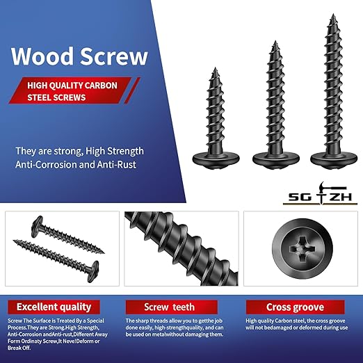 #8 x 3/4" Wood Screw 250Pcs Alloy Steel Standard Thread Truss Head Fast Self Tapping Black Oxide by SG TZH
