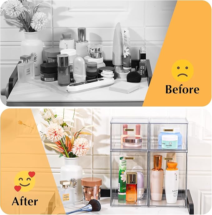 4 Pack Stackable Clear Acrylic Storage Drawers with Golden Handles, Plastic Drawer Organizers for Makeup, Kitchen, Bathroom, Office, Under Sink & Cabinet Organization