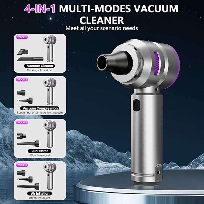 Car Vacuum,4-in-1 Mini Cordless Vacuum Cleaner with 3 Suction Modes&23000pa Suction,Portable Handheld Vacuum with LED Light,Multi-Nozzles&Brushless Motor&Air Dusters,TypeC for Car/Home/Pet/Office