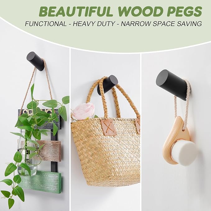 Wood Wall Hooks, 4 Pack Coat Hooks Wall Mounted, Rustic Wooden Heavy Duty Robe Hook Hat Rack, Hook for Hanging Bathroom Towels Clothes Hanger (Black)