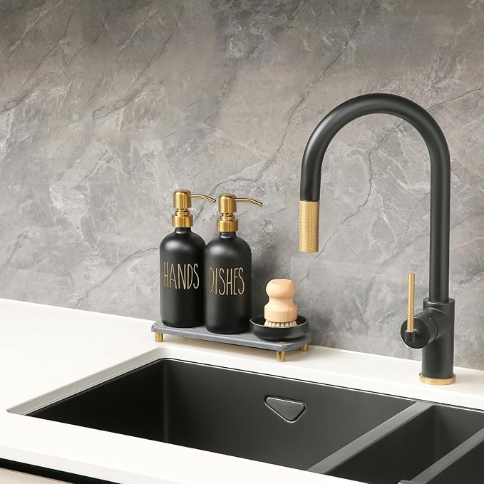 MOMEEMO Soap Dispenser Set Comes with Stainless Pumps, Instant Dry Tray, and Dish Scrub Brush, Suitable for Black and Gold Kitchen Decor. (Black & Gold)