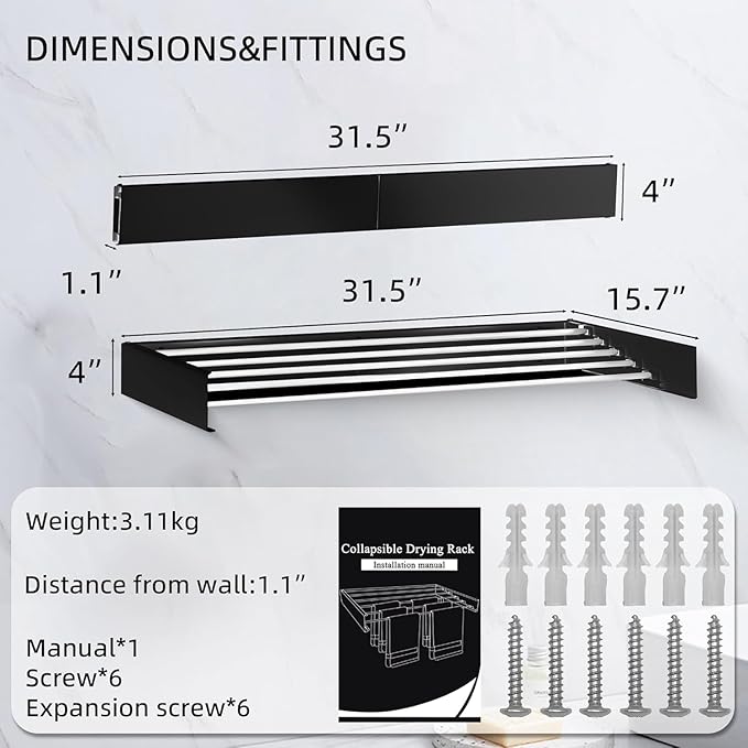 Laundry Drying Rack Collapsible, Wall Mounted Clothes Drying Rack. 31.5" Wide, 13.1 Linear Ft, 5 Aluminum Rods, with Wall Template, Screwdriver Bit(Black)