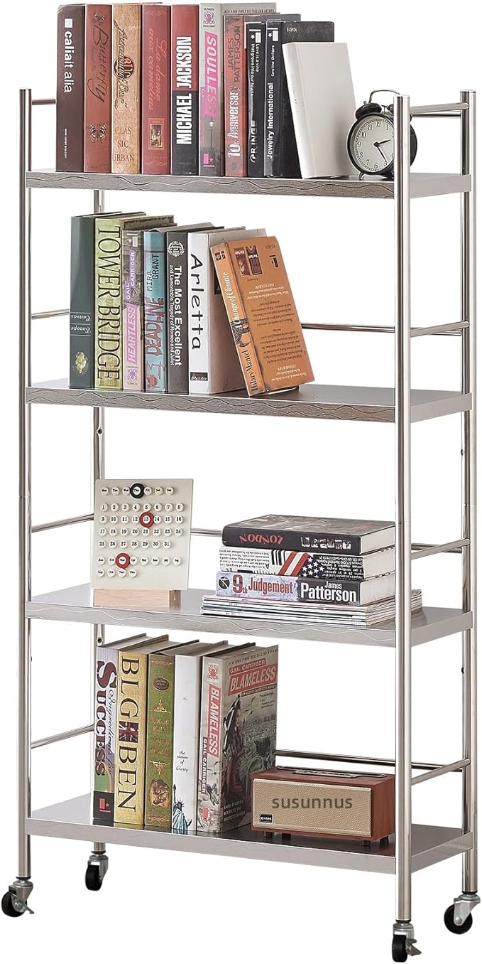 susunnus Stainless Steel Shelf,Shelves for Storage,Metal Shelf,Kitchen Garage Shelves, with Wheels,Rolling Shelves,Adjustable Height,Weight Capacity 350LB (27.6in*10.2in-4T with guardrails)