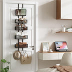 Adjustable Over The Door Organizer, Metal Hanging Door Storage with 4 Metal Baskets and PVC Pocket, Closet Door Organizer for Bathroom Bedroom Cabinet, Black