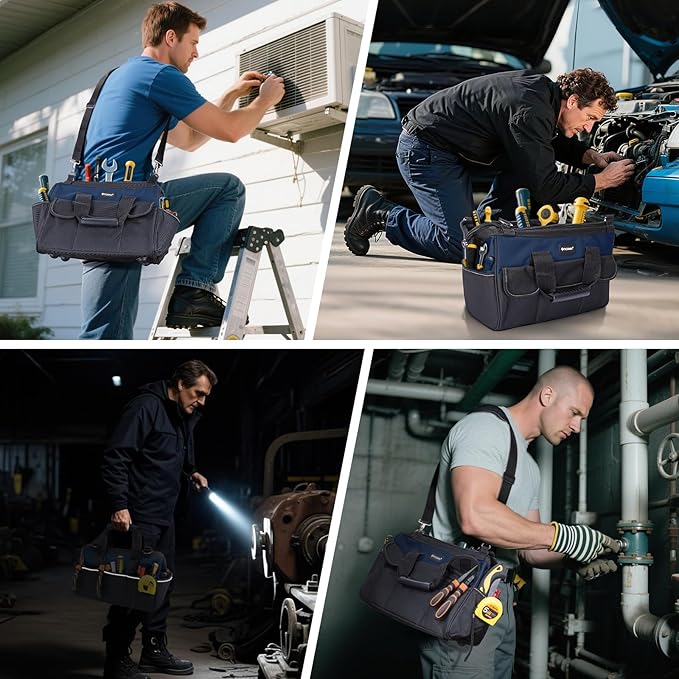 TICONN Heavy Duty Tool Bag with Multi-Pockets, Portable Tool Box Organizer Storage Bag, with Adjustable Shoulder Strap and Ergonomic Handle (Blue, 16" Standard Base)