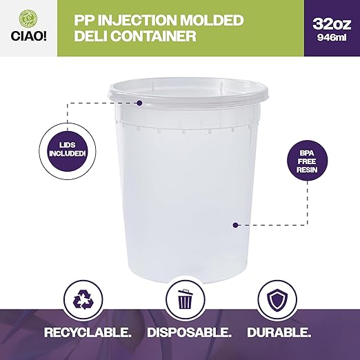 CIAO! 32OZ PP Injection Molded Soup-Deli Container with LLDPE Lid, Microwavable and BPA Free (240/240 combo pack)