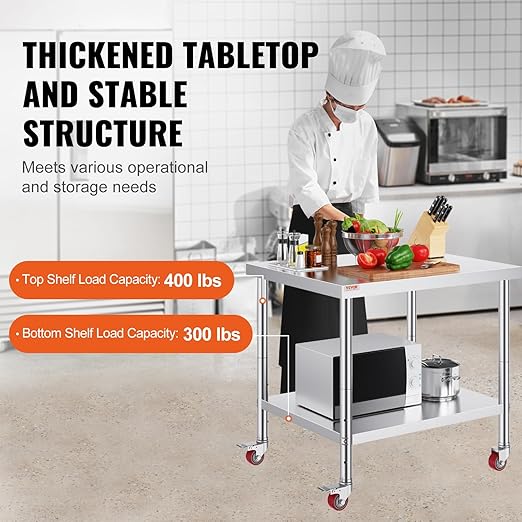 Vevor 30x36x34 Inch Stainless Steel Work Table 3-Stage Adjustable Shelf with 4 Wheels Heavy Duty Commercial Food Prep Worktable with Brake for Kitchen Prep Work : Everything Else