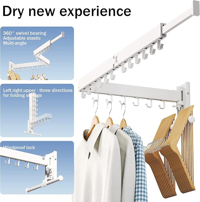 Drying Rack, Wall Mounted Clothes Rack, Aluminum, 220lbs Capacity, Foldable, White