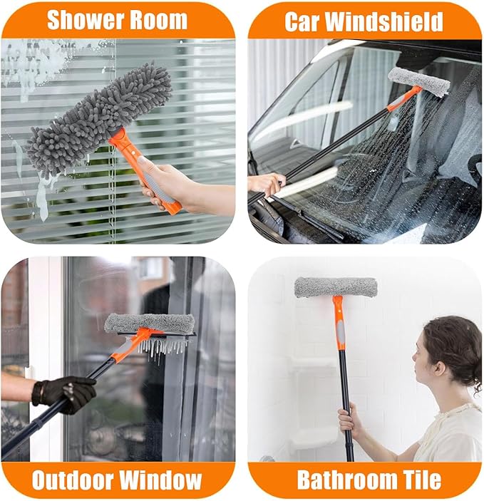 Window Cleaner Tool for Home, 3 in 1 Squeegee for Window Cleaning Kit for High Window with 1 Rotatable Head 3 Interchangeable Scrubber with Extension Pole ﻿