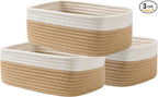 Small Woven Basket, 12 x 8 x 4.5 Inches, Storage Basket for Organizing, Cute Small Rope Shelf Closet Cube Storage Bins Baskets for Shelves, Dog Toy Gift Baskets Empty, 3 Pack White & Brown