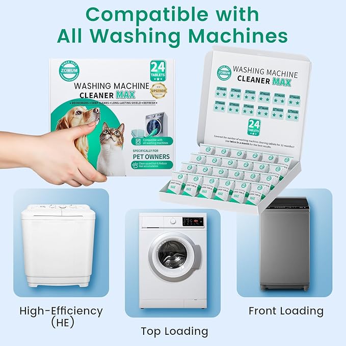 Upgrade Washing Machine Cleaner Tablets - 50% Stronger Formula: 24 Pack - 12 Month Supply, Specially for Pet Owners to Easy Pet Hair Remover for Laundry, Compatible with HE, Top & Front Load