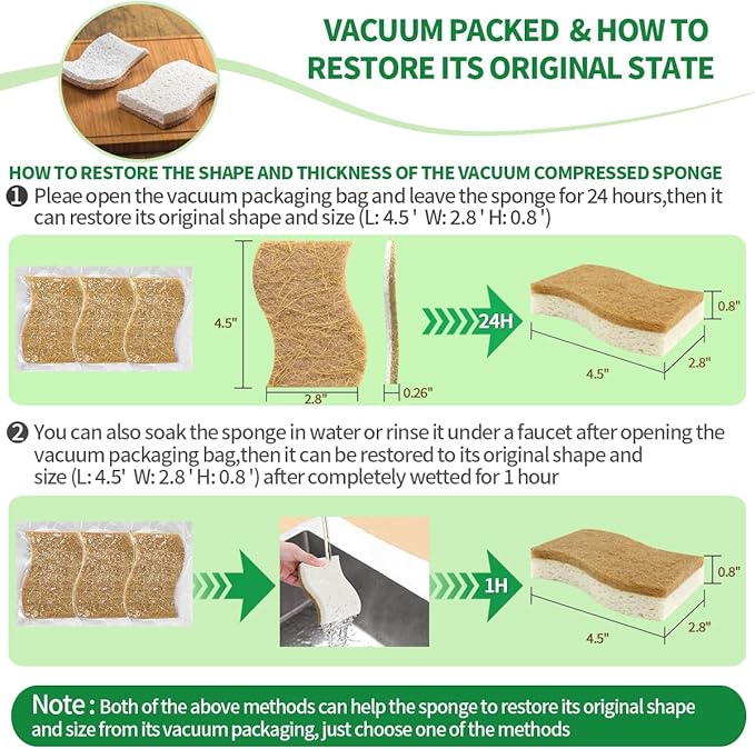 Sponges Kitchen Natural Dish Sponge Plant-Based Biodegradable Compostable Cellulose with Coconut Scrubber Sponge Non Scratch Pack of 12 Eco Friendly Kitchen sponges for Kitchen Dishes