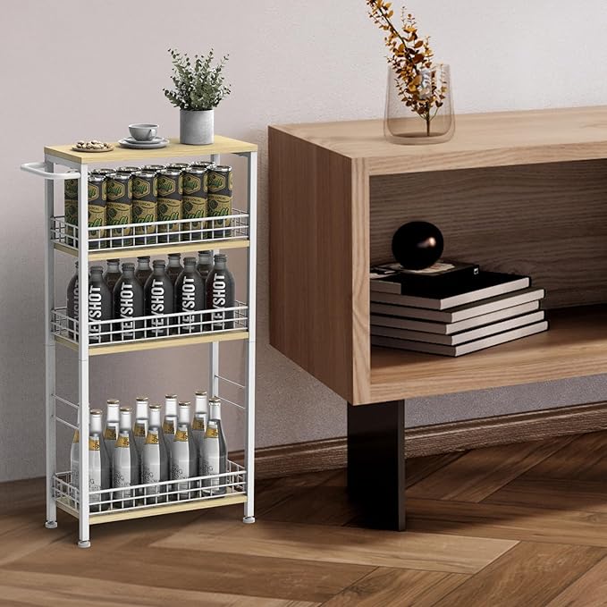 Slim Storage Cart White Narrow Storage Cabinet 4 Tier Laundry Room Organization Mobile Bathroom Shelving Unit Organizer Rolling Utility Cart Slide Out Kitchen Cart Tower Rack for Narrow Places 7.08’’W