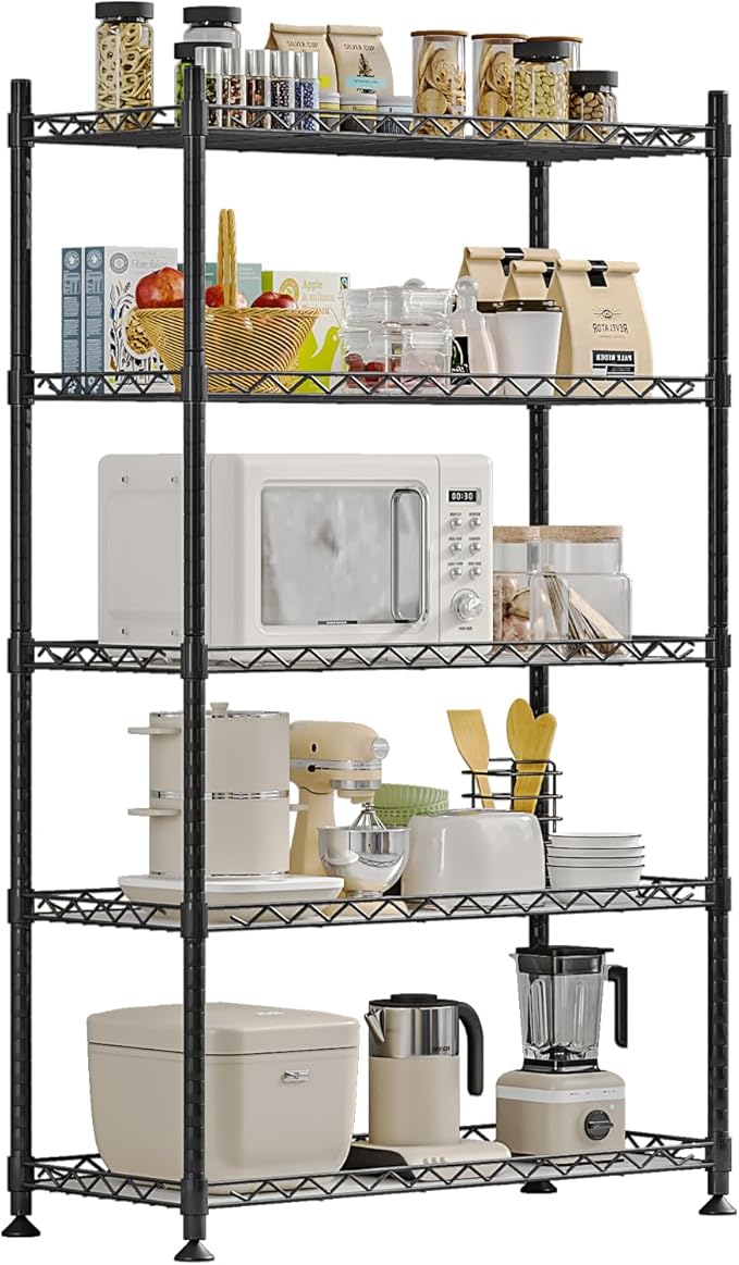 5 Shelf Organizer Storage Rack Adjustable Metal Shelf for Garage Kitchen Bathroom Heavy Duty Shelves Units with Non-Slip Foot Mats Black 29.53” L x 13.78” W x 62.17” H (Black, 5 Shelf with Foot Mats)