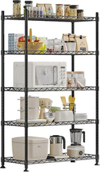 5 Shelf Organizer Storage Rack Adjustable Metal Shelf for Garage Kitchen Bathroom Heavy Duty Shelves Units with Non-Slip Foot Mats Black 29.53” L x 13.78” W x 62.17” H (Black, 5 Shelf with Foot Mats)