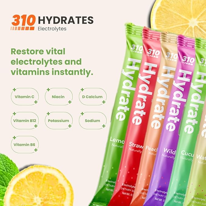 310 Nutrition Sugar Free Electrolytes Powder - Instant Hydration Packets for Daily Fluid Balance - Caffeine-Free Rehydration Drink Mix w/Vitamins, Low Calorie & Keto Friendly - Variety 30 Singles