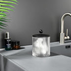 Clear Transparent Apothecary Ribbed Geometric Etched Glass Jar W/Matte Black Metal Lid Cover for Bathroom Organization, Cotton Balls, Q Tips, and Small Accessories, Bathroom Storage