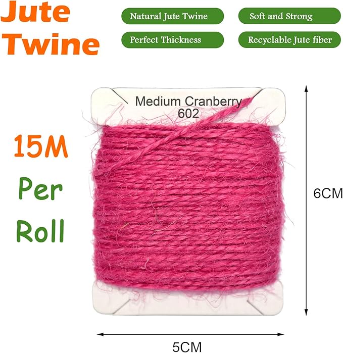 Jute Twine 15m Long Twine String for Crafts Gift Wrapping Packing Gardening Crochet Knitting Macrame Decor (Medium Cranberry)