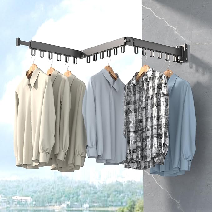 Clothes Drying Rack, Laundry Drying Rack Wall Mount for Bathroom, Retractable and Foldable Clothes Hanging Rack with U-Hooks for Laundry Room, Balcony, Closet, Bedroom(Tri-Fold), Black